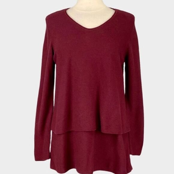 J. Jill Pure burgundy red Pull over long tunic v neck tiered modal sweater -L - Picture 1 of 11